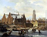 Jan Hendrik Verheijen Canvas Paintings - Skaters On A Frozen Canal